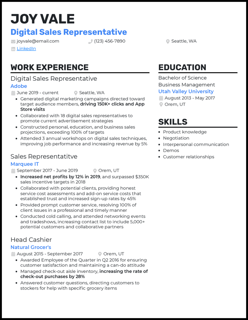 Digital sales resume example with 8+ years experience