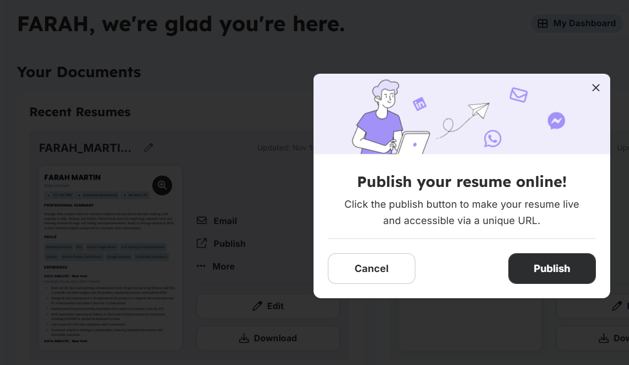 Share your resume digitally with a unique link from Resume Genius