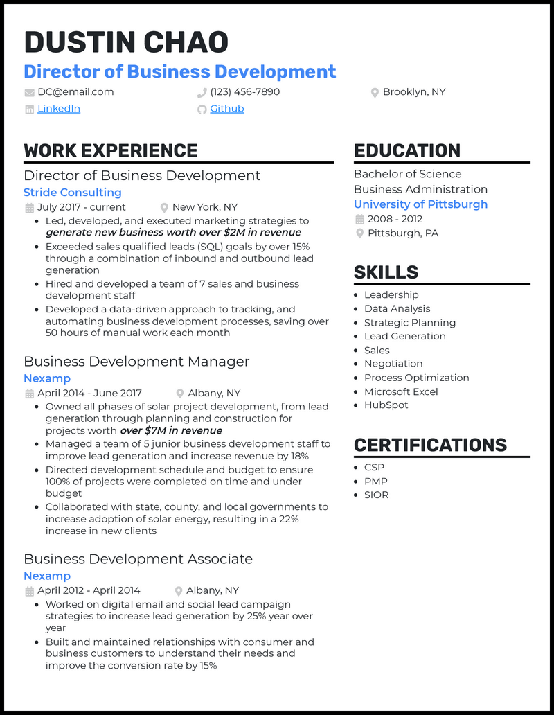 Director of business development resume example with 5+ years experience