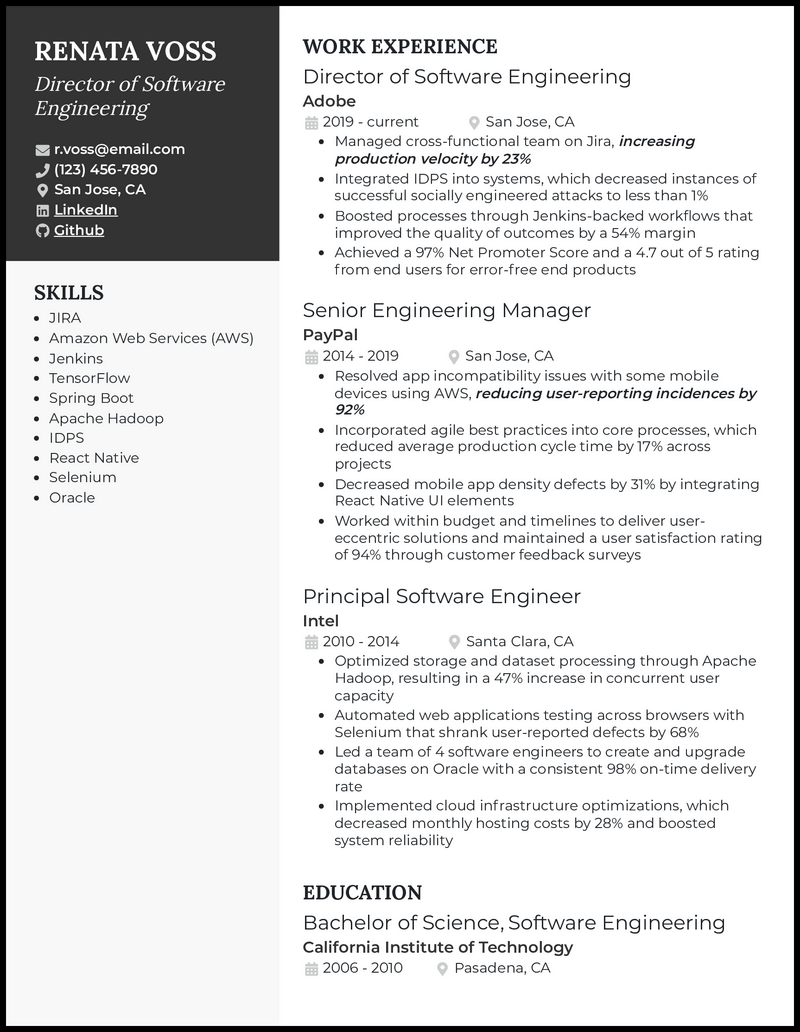 Director of software engineering resume example with 6+ years experience