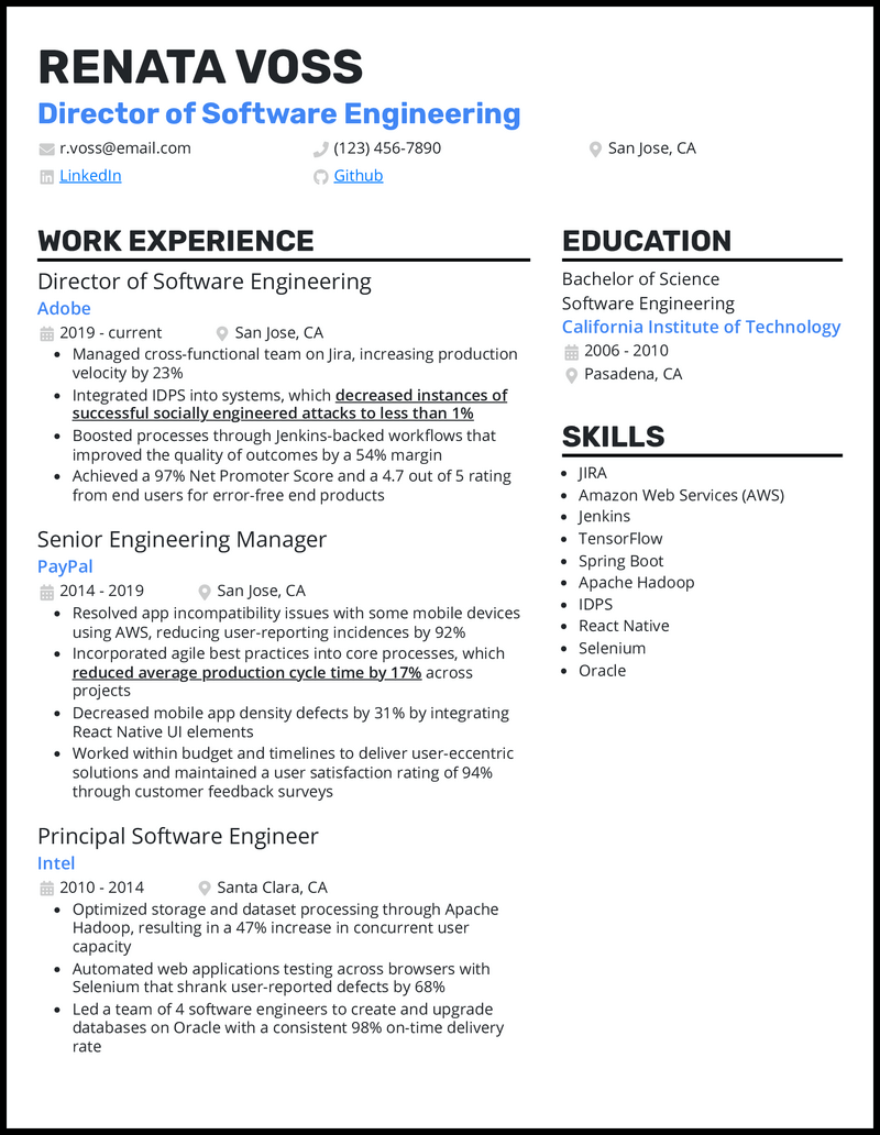 Formal director of software engineering resume example with 6+ years experience