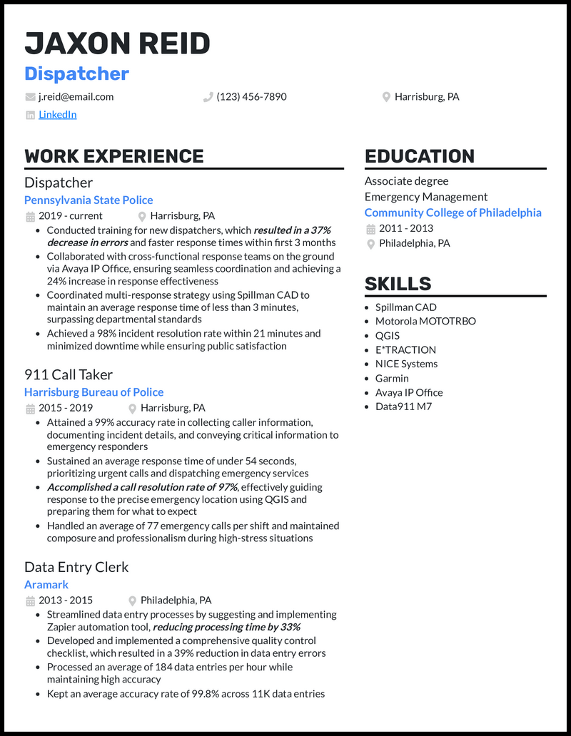 Dispatcher resume example with 8 years of experience