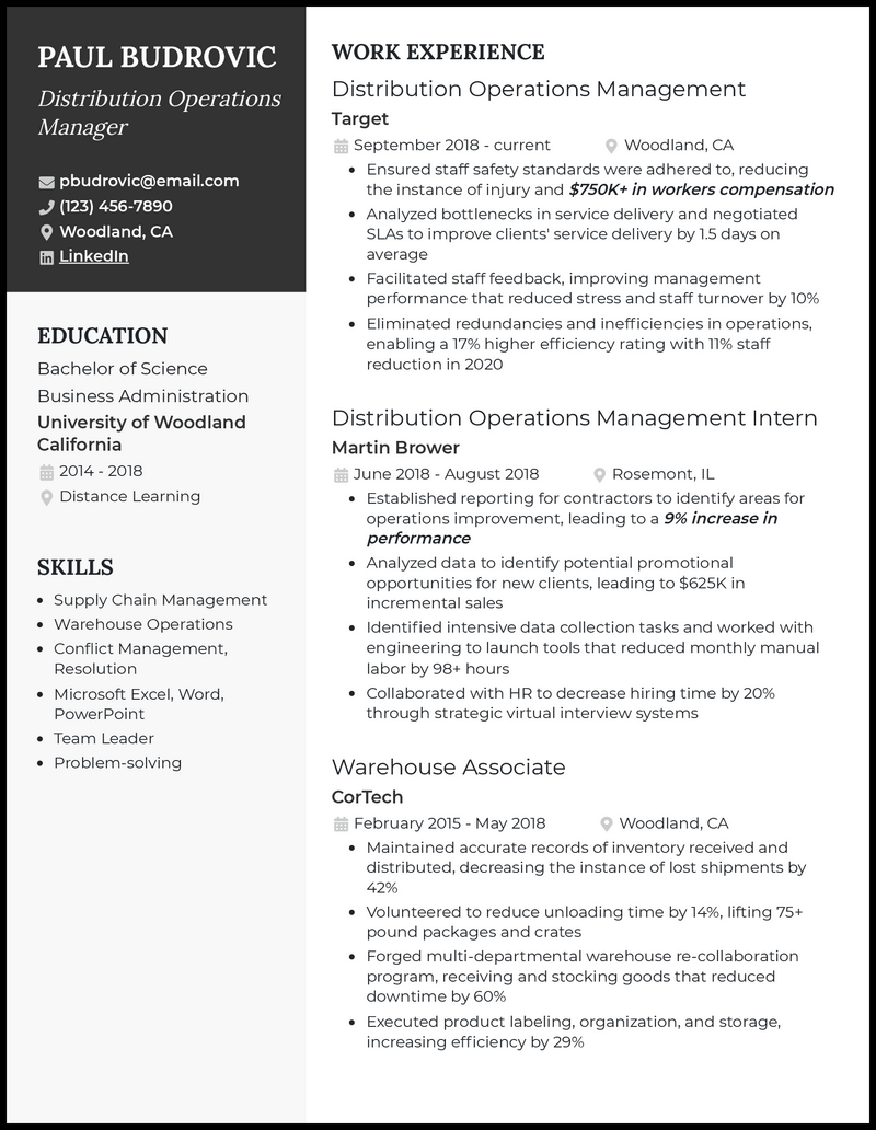 Distribution operations manager resume example with 4+ years experience