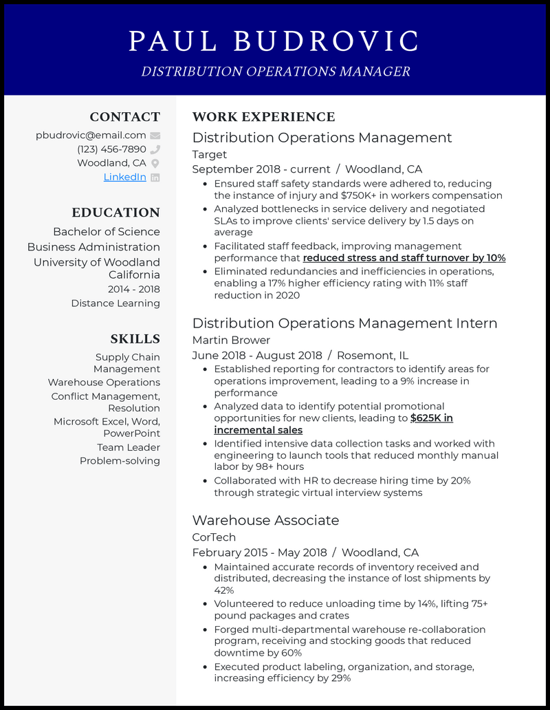 Elegant distribution operations manager resume example