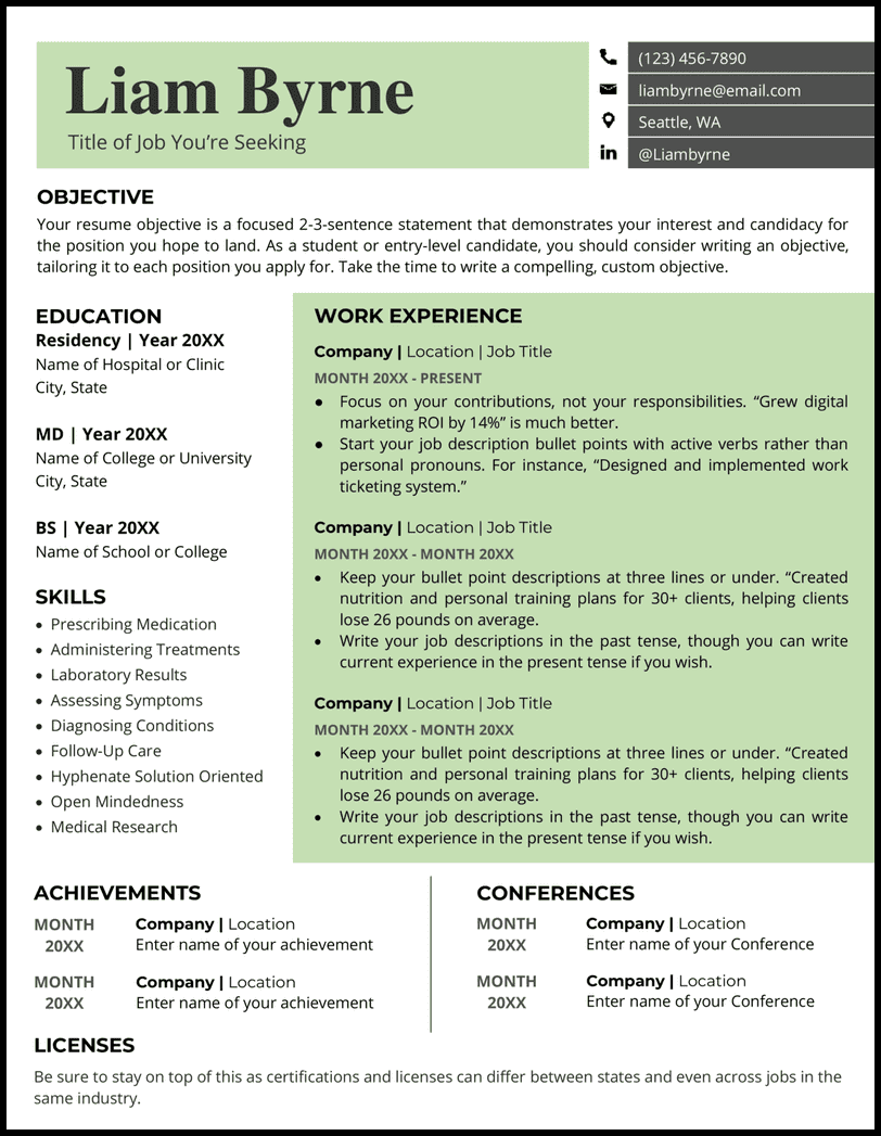 The doctor's orders Word resume template with green color blocks