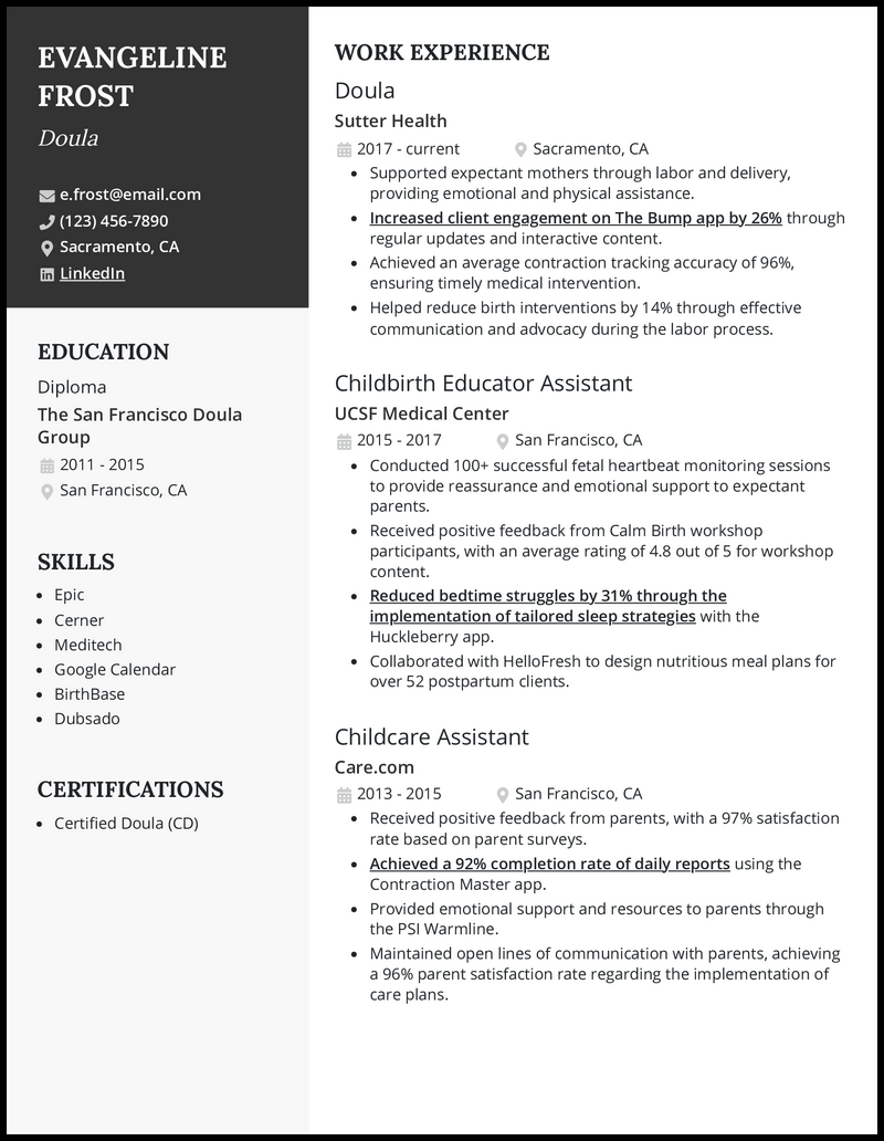 Doula resume example with 6 years of experience