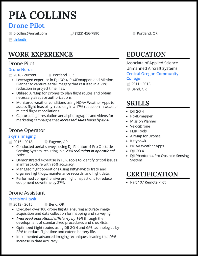 Drone pilot resume example with 4 years of experience