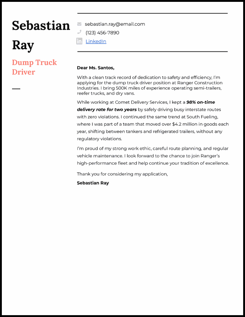Dump truck driver cover letter template
