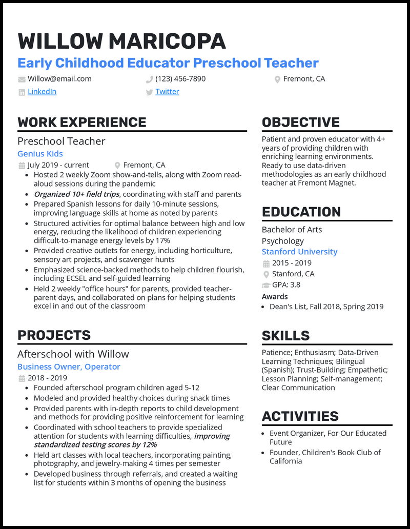 Early childhood education resume example with Afterschool project experience