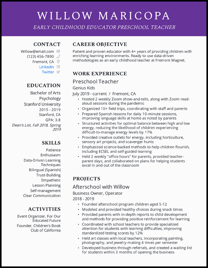 7 Preschool Teacher Resume Examples [& Templates]