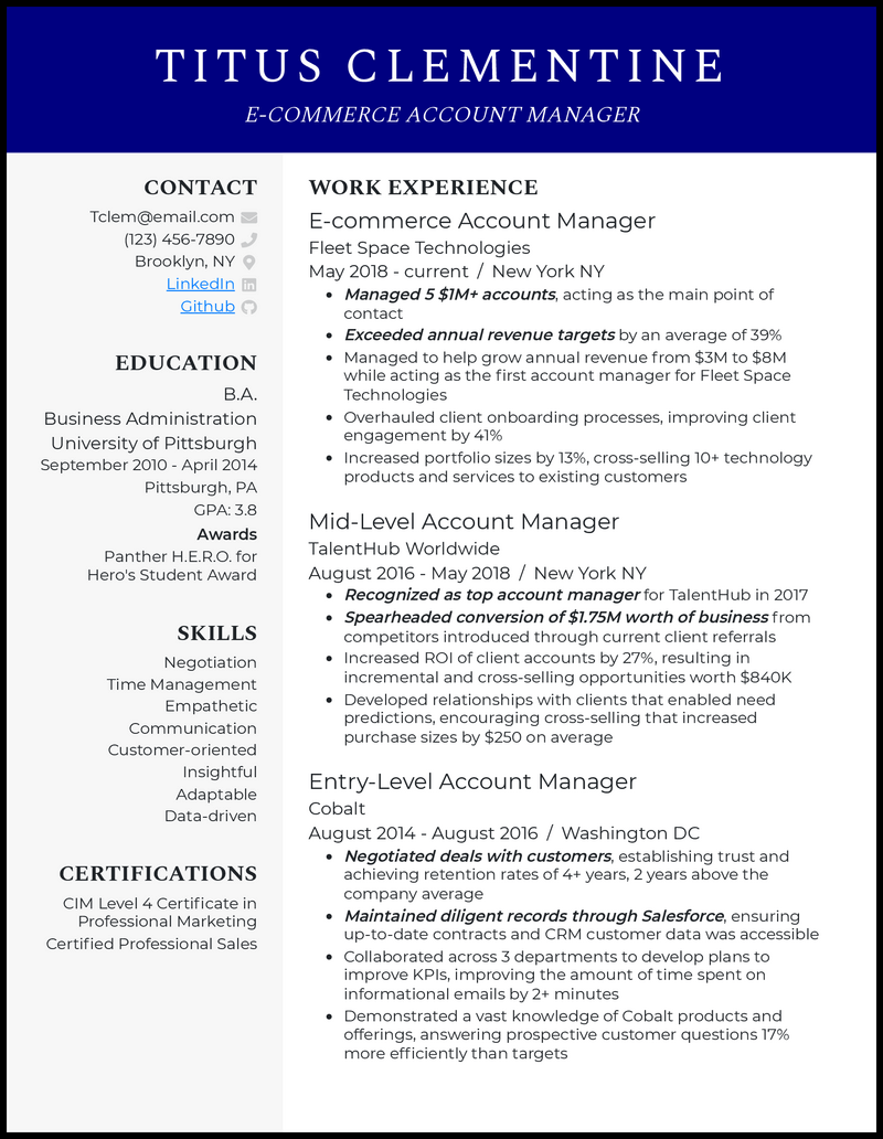 Ecommerce account manager resume example with 8+ years experience