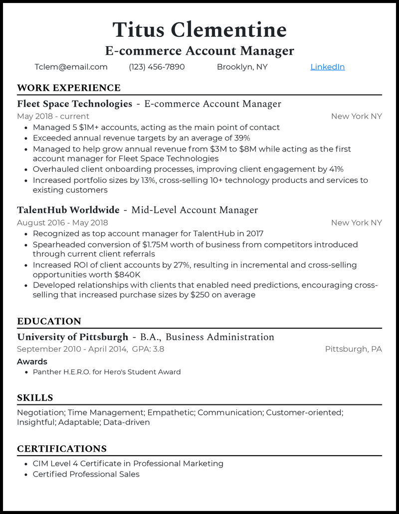 Elegant ecommerce account manager resume example