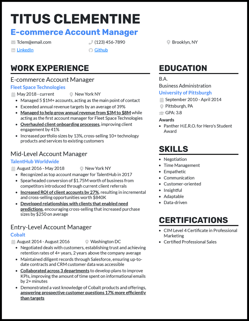 Formal ecommerce account manager resume example