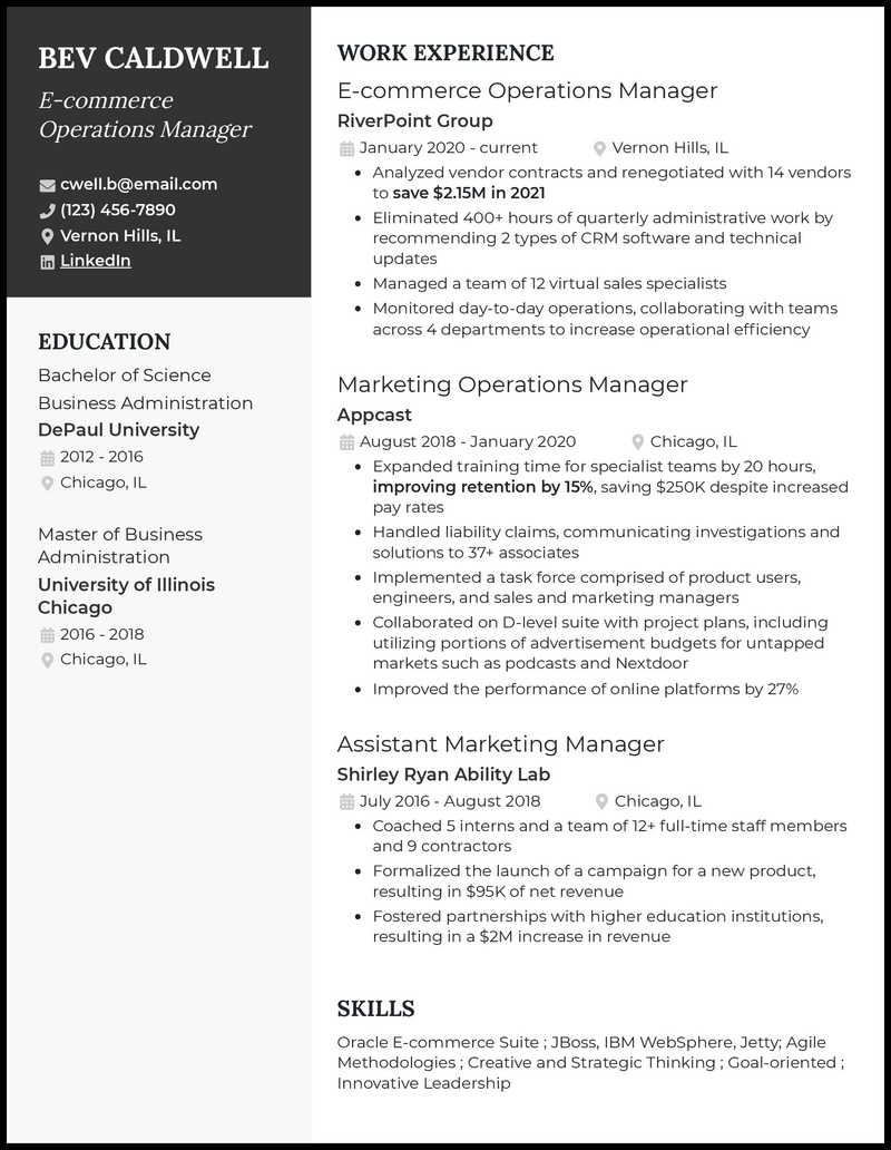 Ecommerce operations manager resume example with 7+ years experience