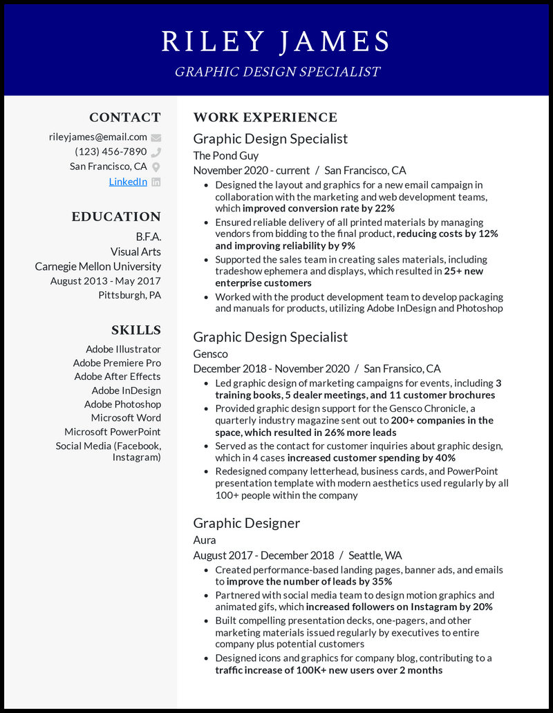 Graphic design specialist resume example with 5+ years of experience