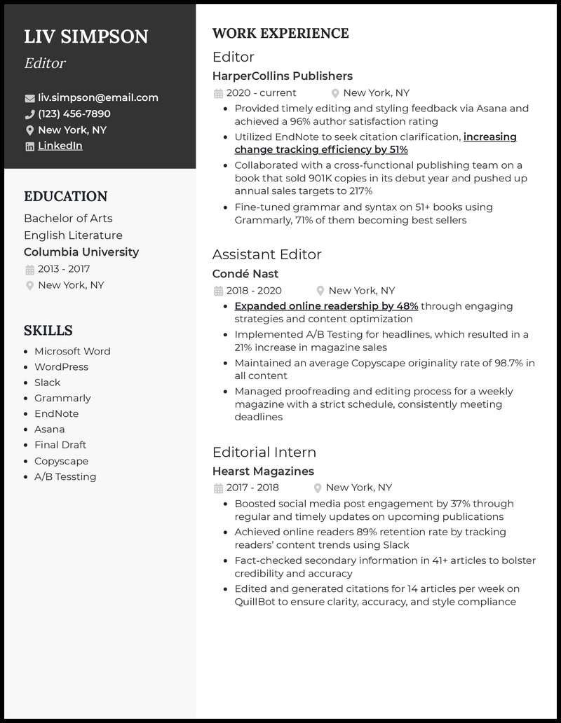 Editor resume example with 3 years of experience