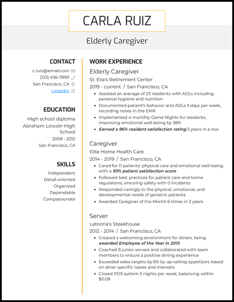 Elderly Caregiver Resume Example 