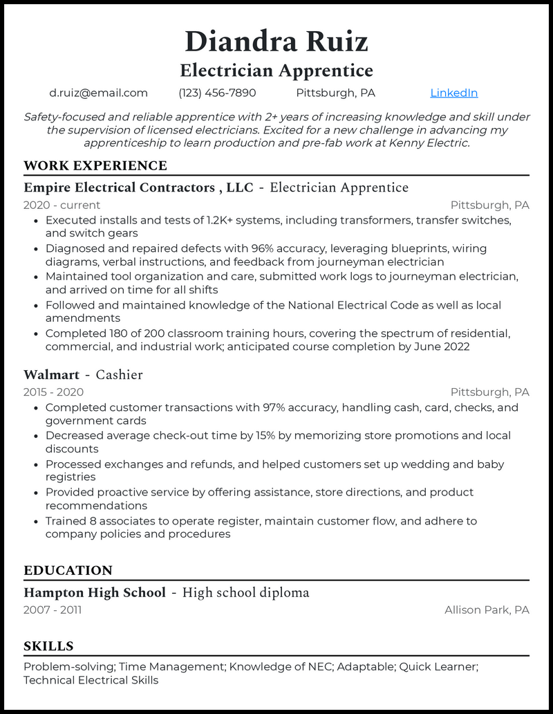 3 Electrical Apprentice Resume Examples Created In 2023 