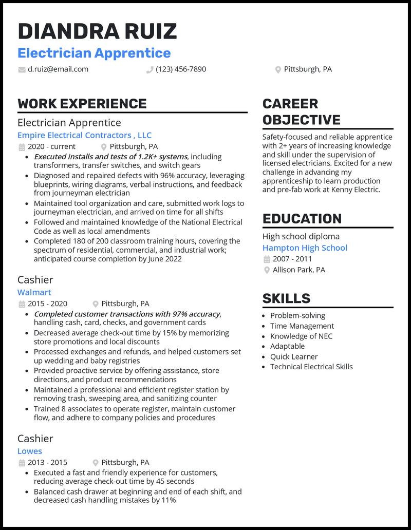 Electrical apprentice resume example with 3 years of experience