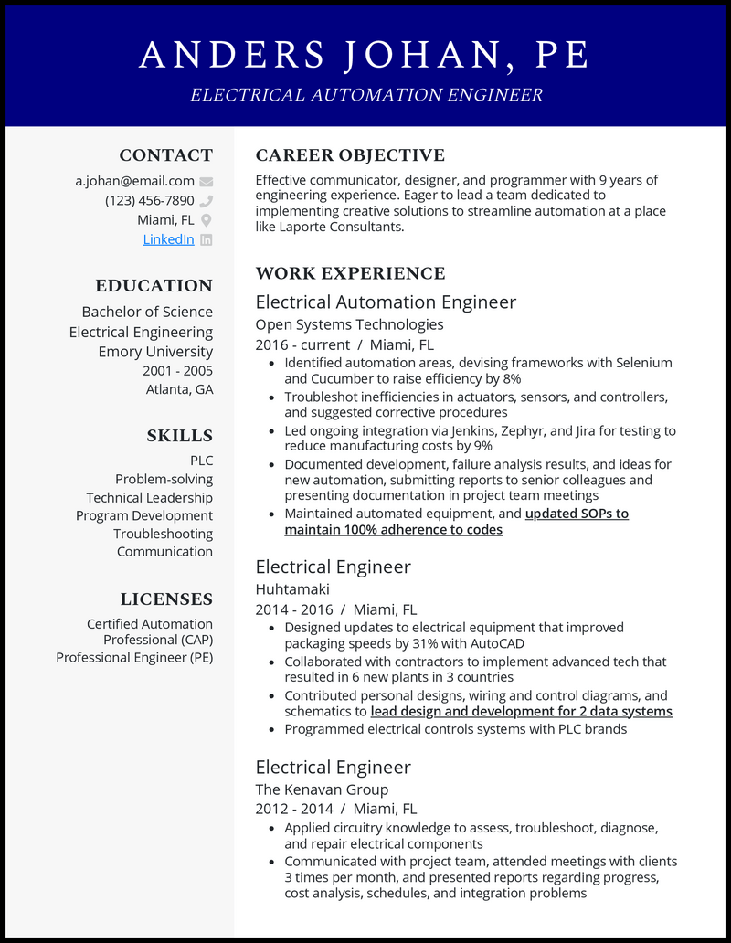 Modern electrical automation engineer resume example with 8+ years experience