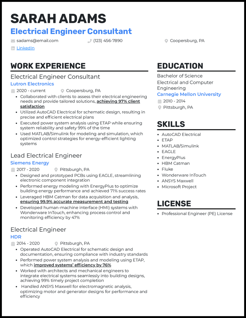 Electrical engineer consultant resume example with 9 years of experience