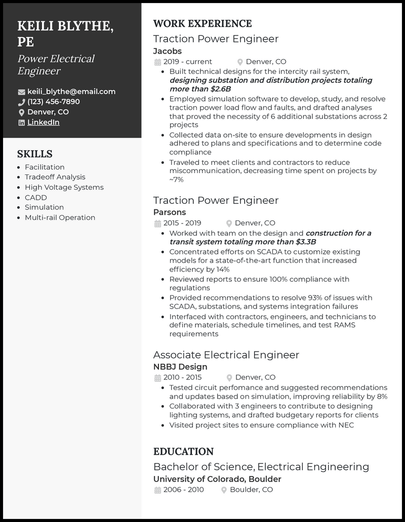 Electrical power engineer resume example with 8+ years experience