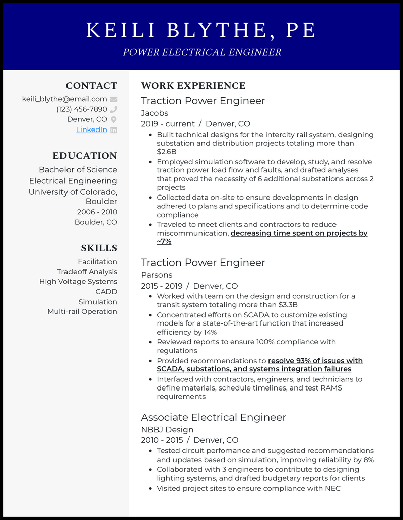 Modern electrical power engineer resume example with 8+ years experience