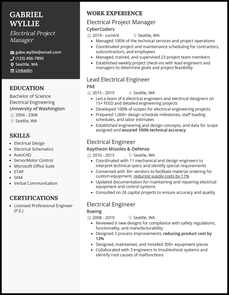 Electrical project manager resume example with 3+ years experience