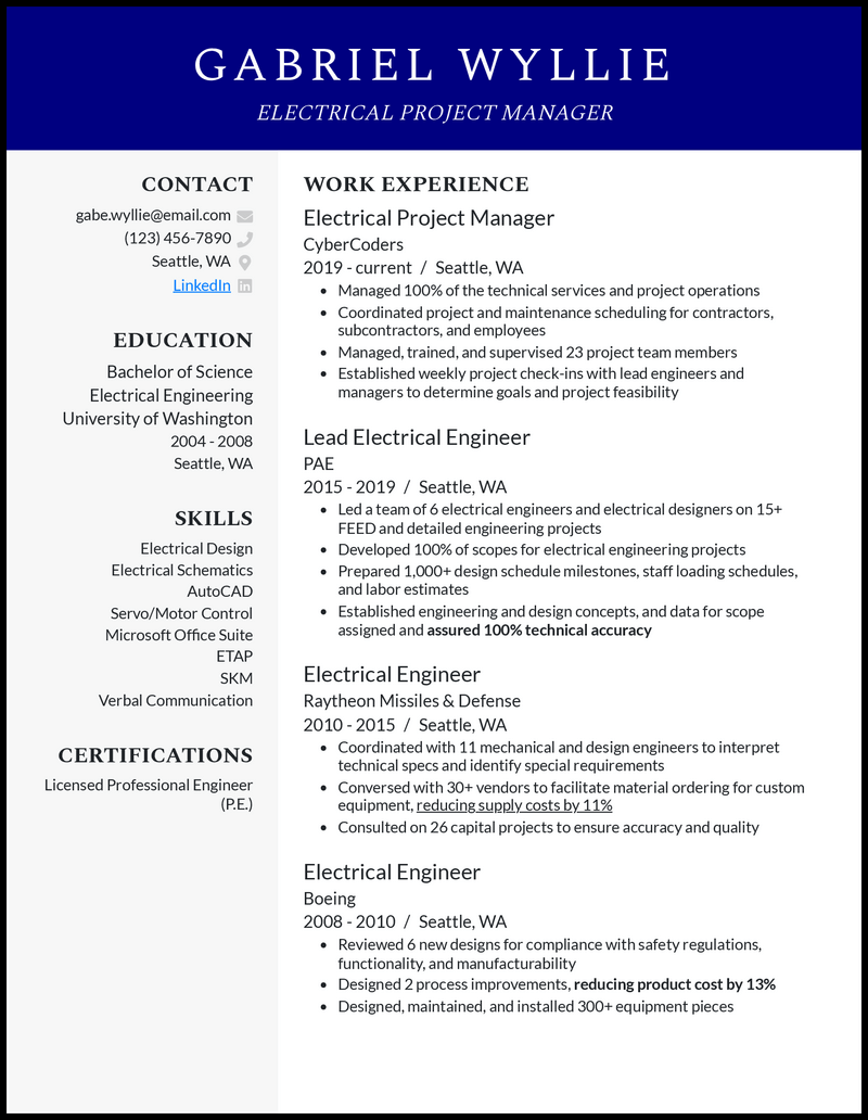 3 Electrical Project Manager Resume Examples & Templates [Edit Free]