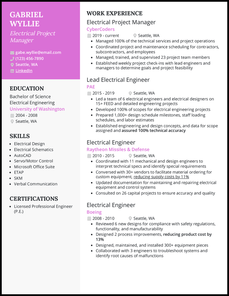 5 Electrical Project Manager Resume Examples & Templates [Edit Free]