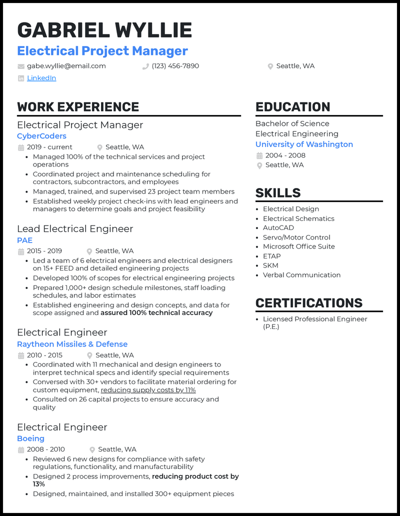 electrical project manager job description resume