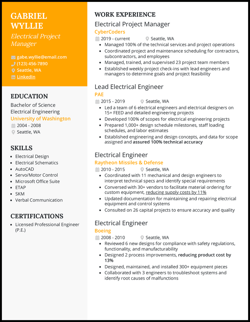 5 Electrical Project Manager Resume Examples & Templates [Edit Free]