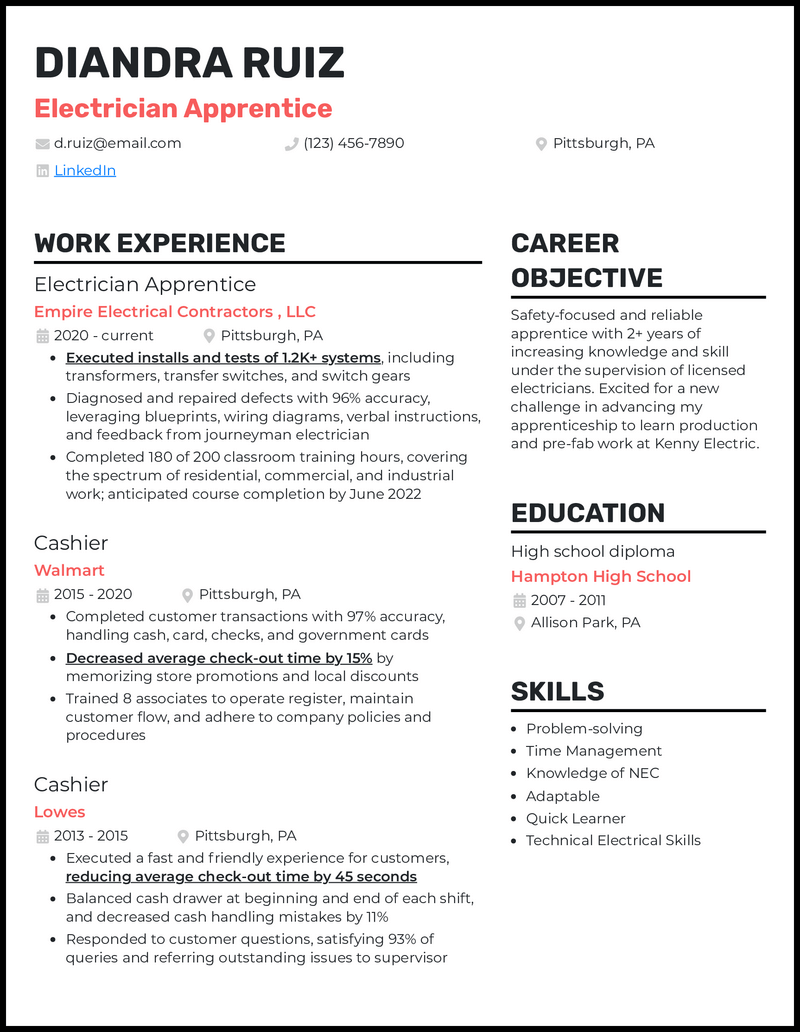 7 Electrician Resume Examples Templates   Electrician Apprentice Resume Example 