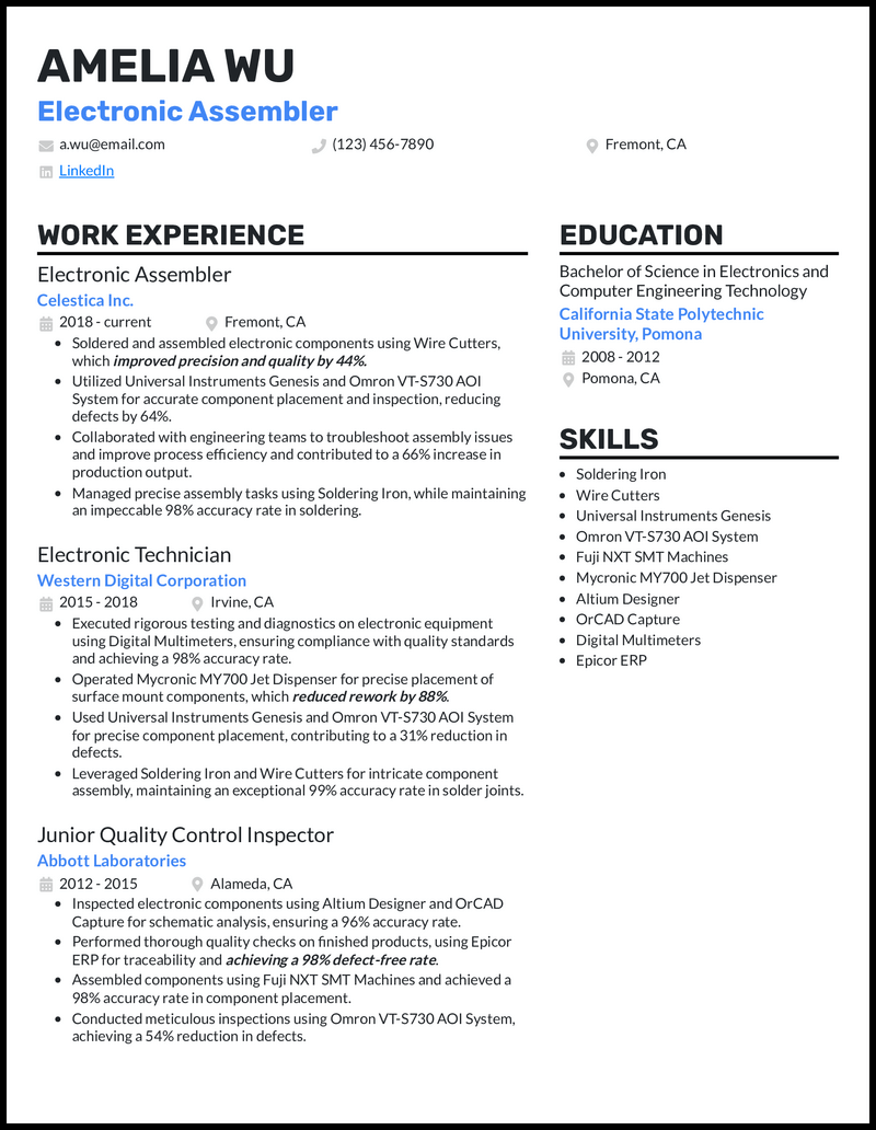 Electronic assembler resume example with 8 years of experience