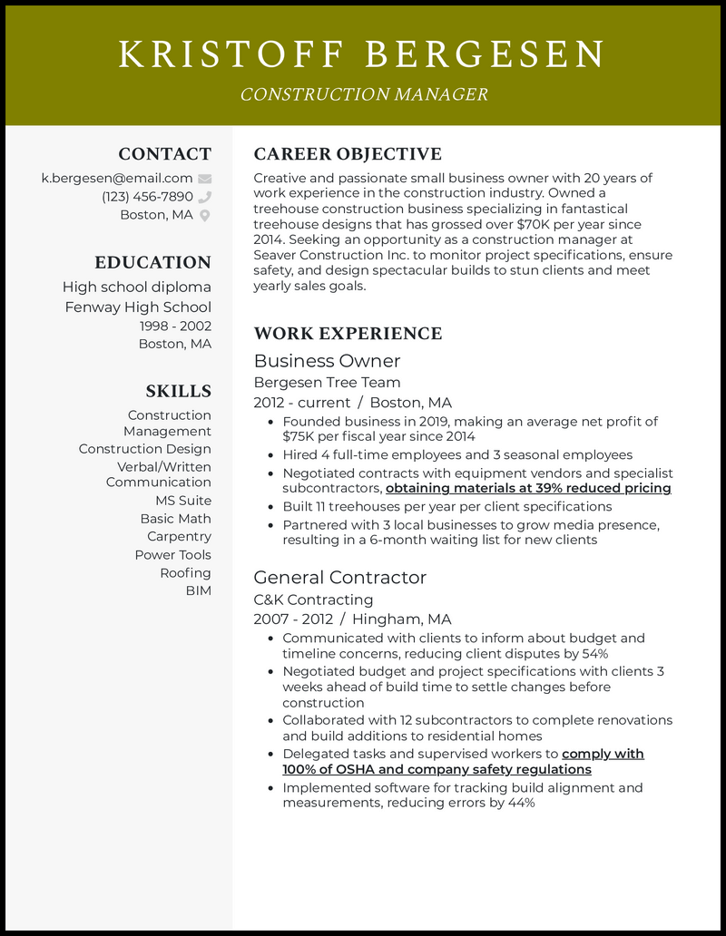 3 Construction Business Owner Resume - Elegant Construction Business Owner Olive Resume Example 
