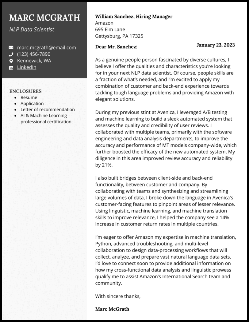 data scientist cover letter examples