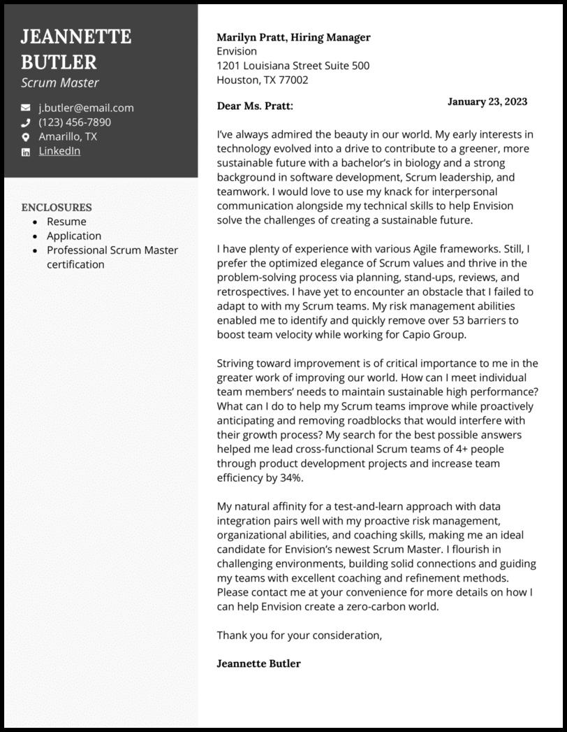 Scrum Master cover letter template