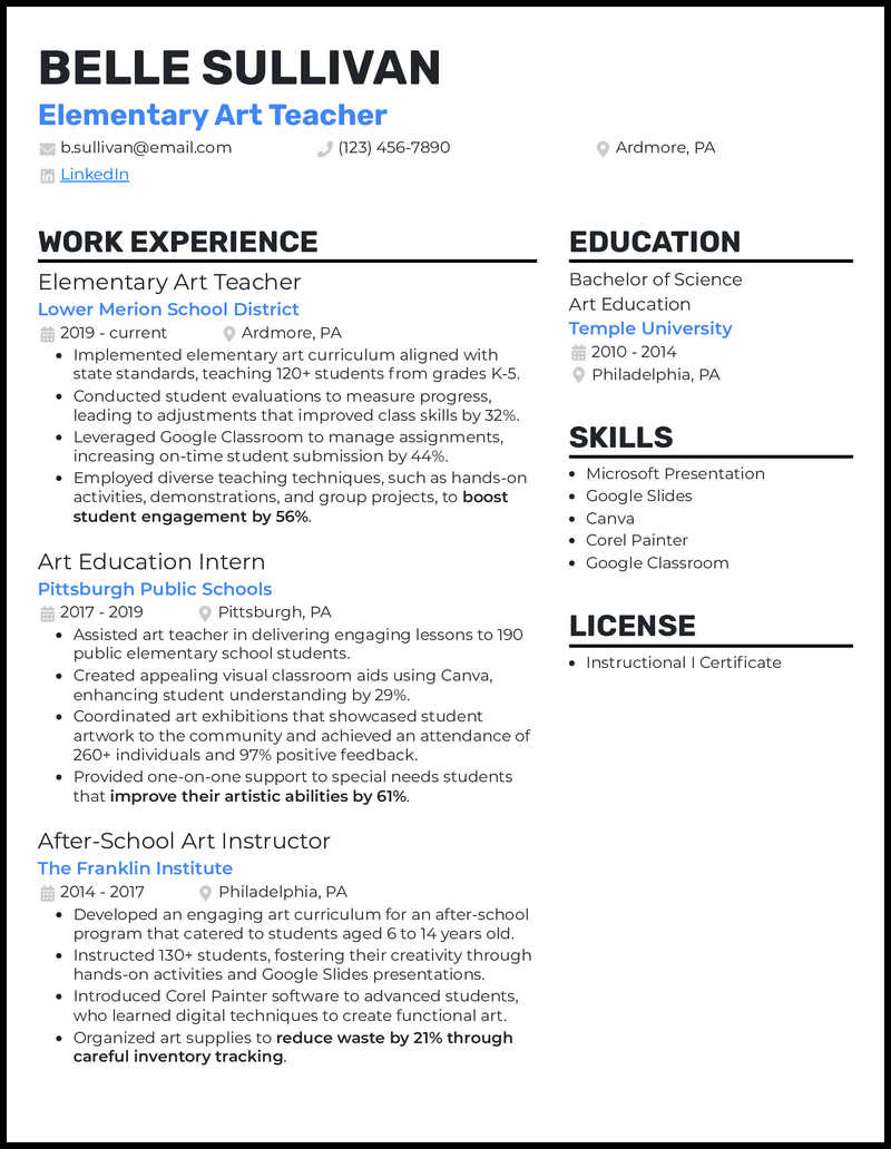 Elementary art teacher resume example with 9 years of experience