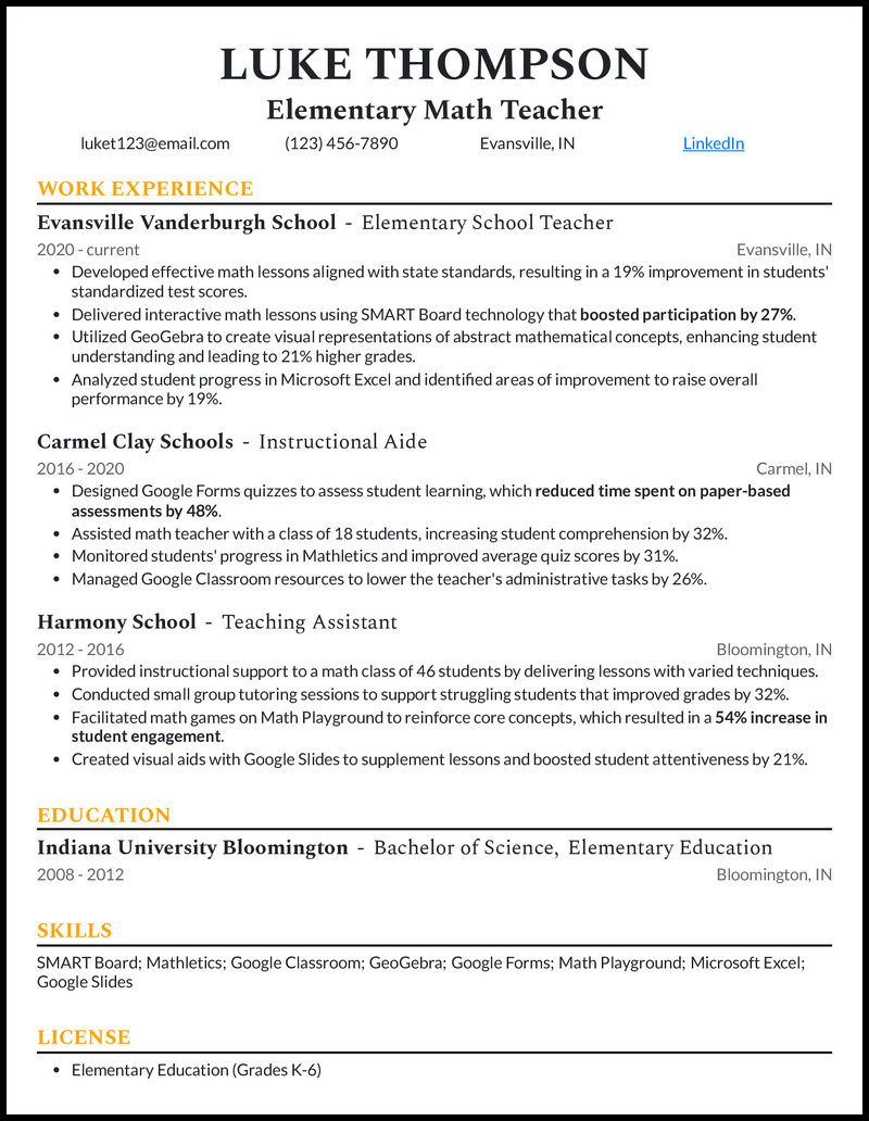 Professional resume template for elementary math teacher