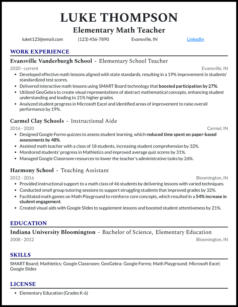 9 Elementary Teacher Resume Examples - Elementary Math Teacher Royal Blue Resume Example