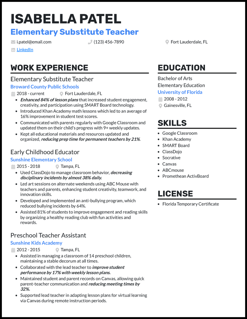 11 Substitute Teacher Resume Examples for 2024