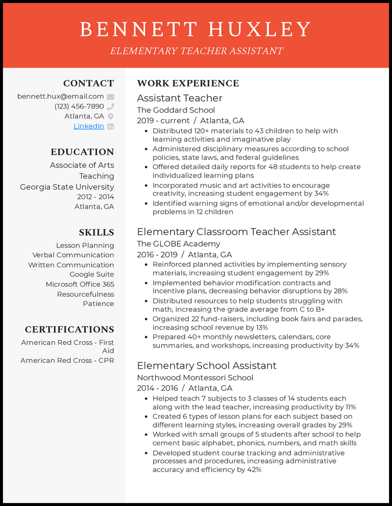 Elementary teacher assistant resume example with 9 years of experience