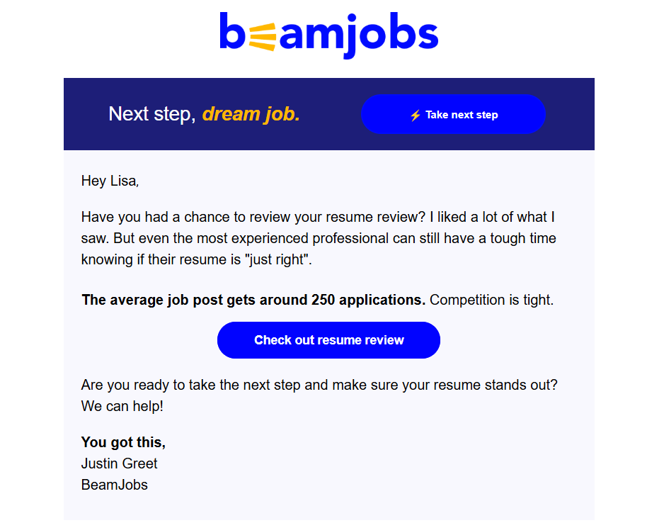 Sample email with link to resume review