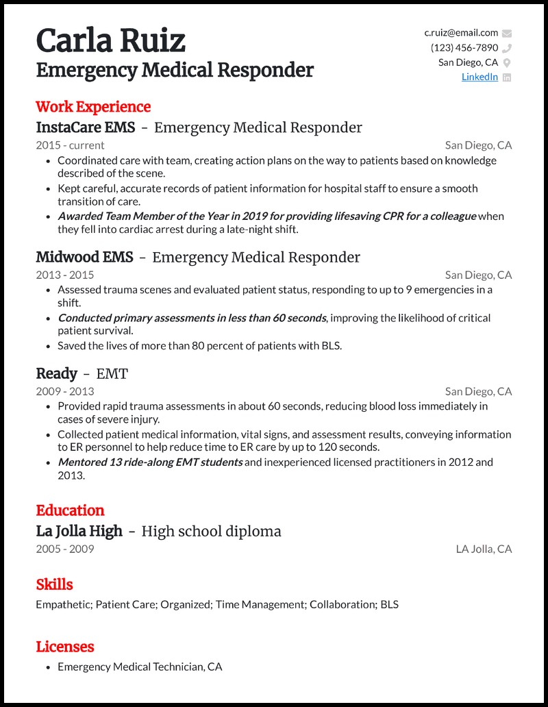 Emergency medical responder resume example with 13 years of experience