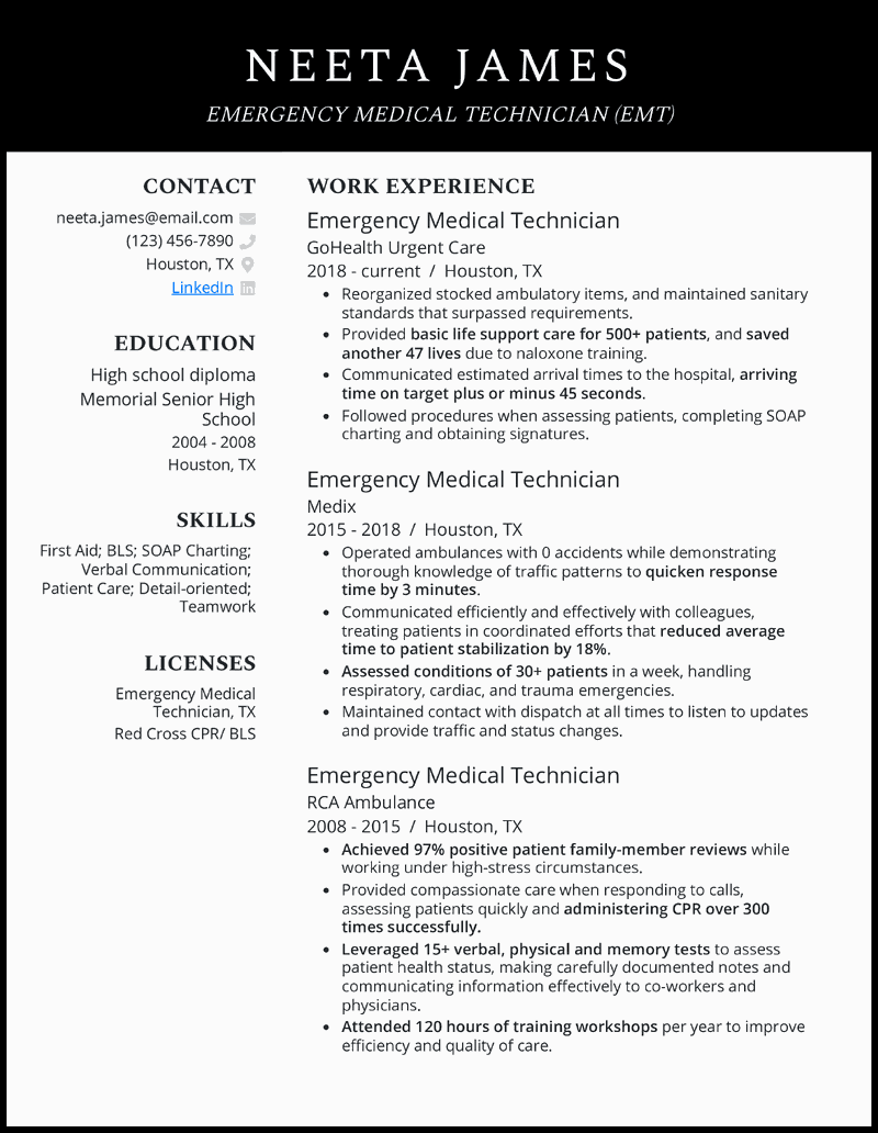 7 EMT Resume Examples amp Templates - Emergency Medical Technician Black Resume Example 