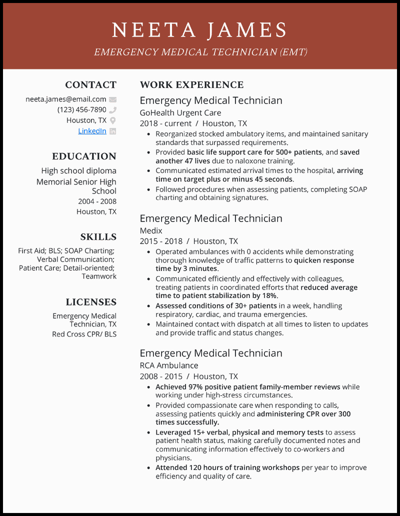 7 EMT Resume Examples amp Templates - Emergency Medical Technician Red Brown Resume Example 
