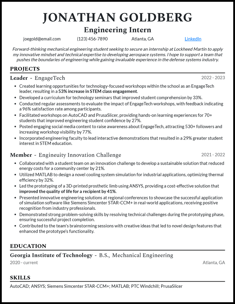 Engineering intern resume example 