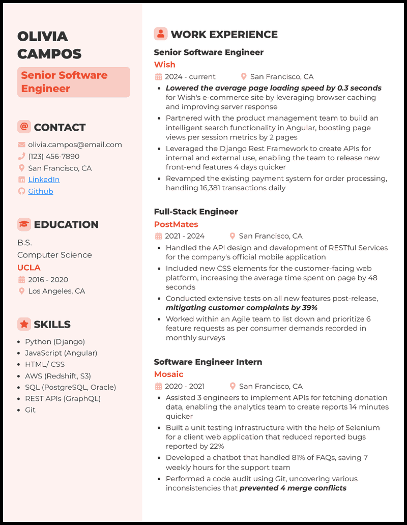 Software engineer resume example with 10+ years of experience