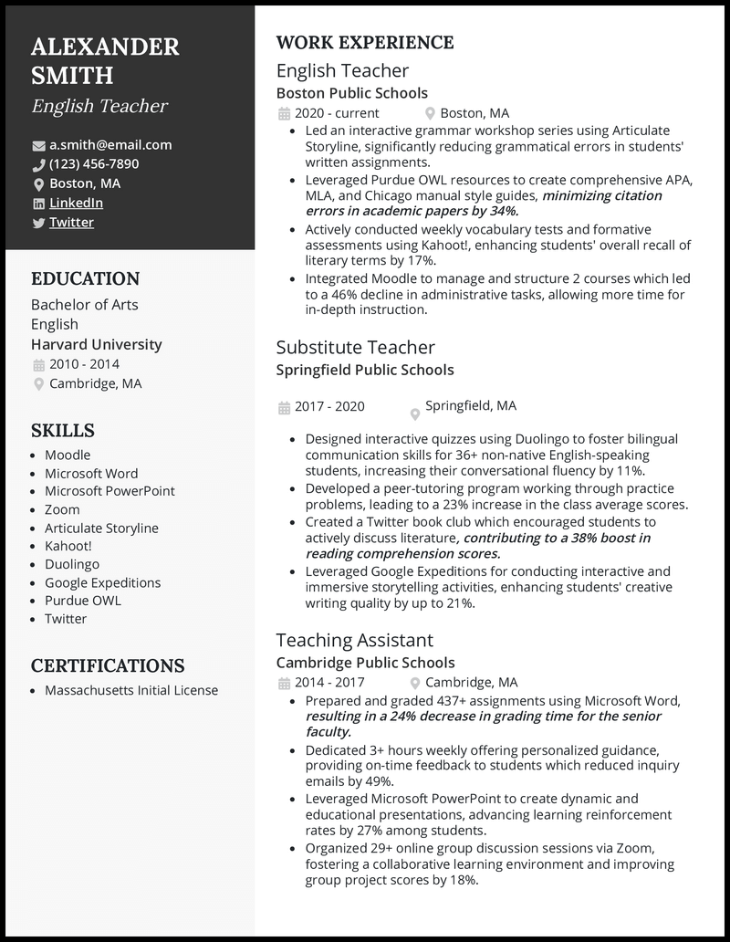 English teacher 2 resume example with 3 years of experience