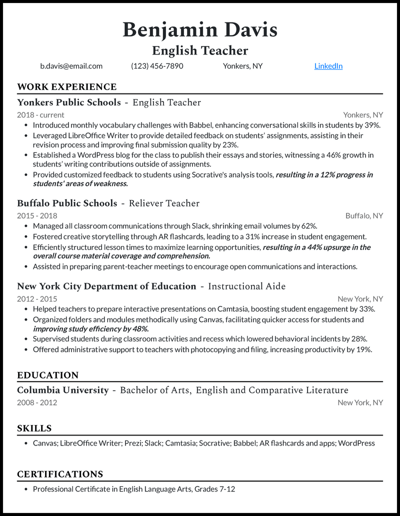 English teacher 4 resume example with 5 years of experience